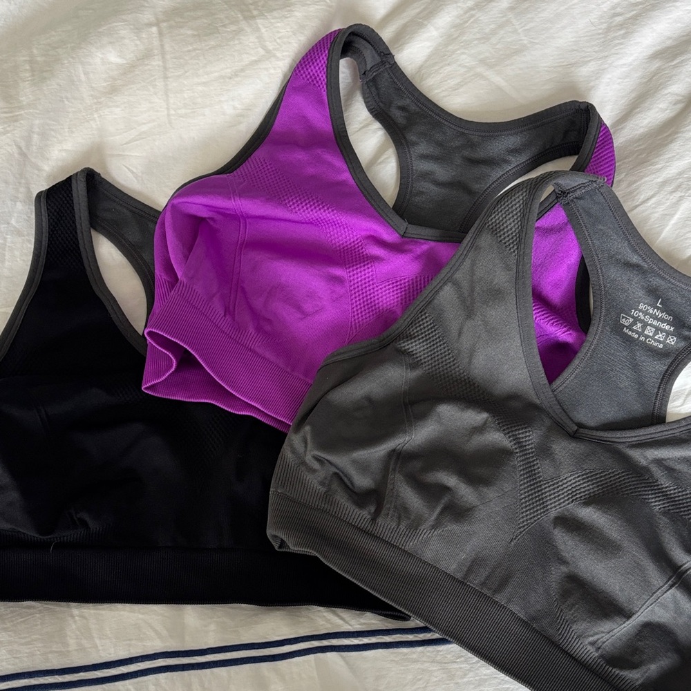 Amazon Essentials Black, Purple, and Gray Sports Bras